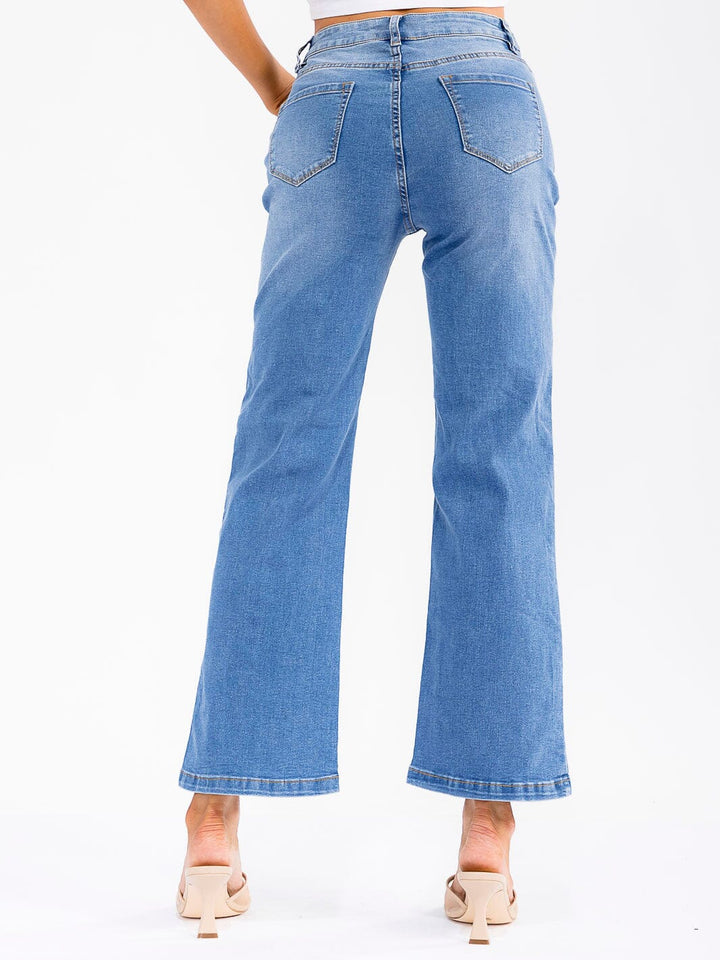 WOMEN'S BUTTON CLOSURE POCKETS STRETCH DENIM WASHED PANTS