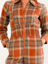 WOMEN'S LONG SLEEVE ZIP UP POCKETS ELASTIC WAIST SKINNY LEG PLAID JUMPSUIT