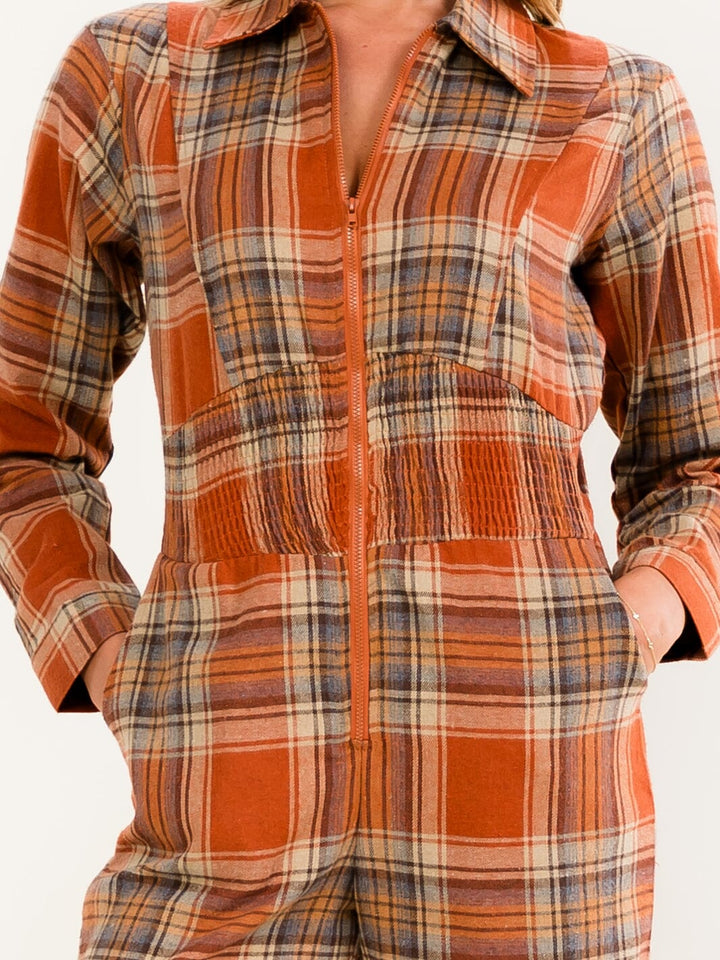 WOMEN'S LONG SLEEVE ZIP UP POCKETS ELASTIC WAIST SKINNY LEG PLAID JUMPSUIT