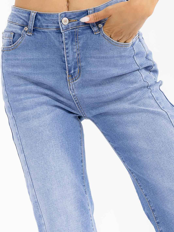 WOMEN'S BUTTON CLOSURE POCKETS STRETCH DENIM WASHED PANTS