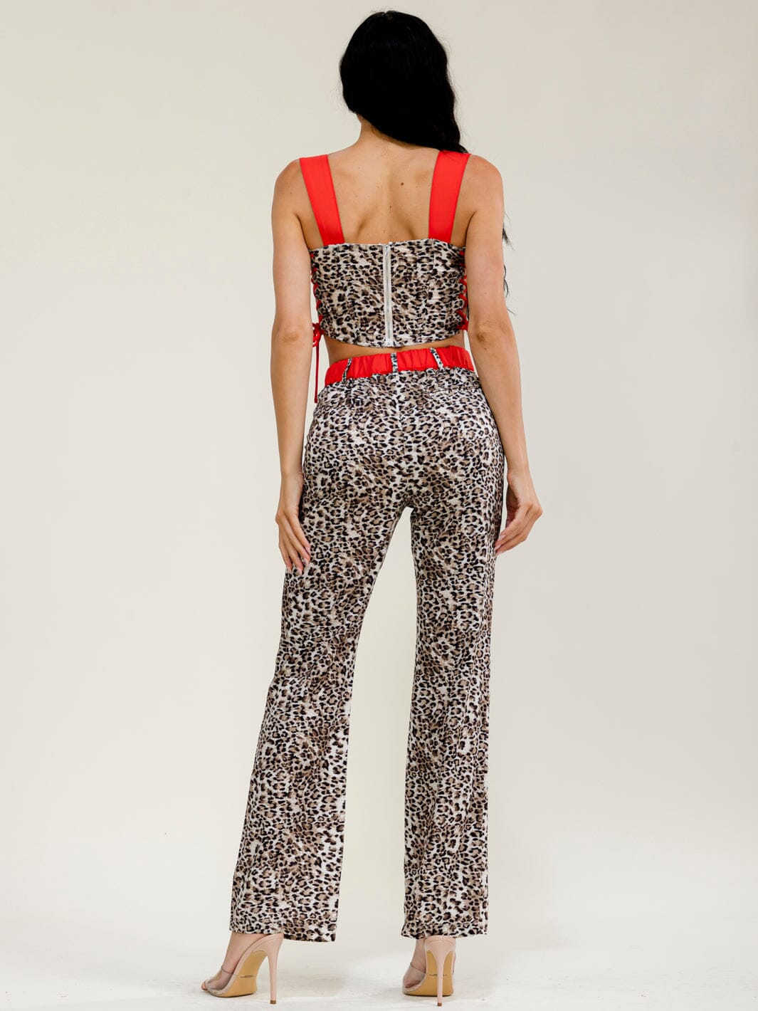 WOMEN'S SLEEVELESS CROP TOP & BUTTON CLOSURE POCKETS STRAIGHT LEG PANTS ANIMAL PRINT 2PC. SET
