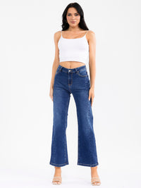 WOMEN'S BUTTON CLOSURE POCKETS STRETCH DENIM WASHED PANTS