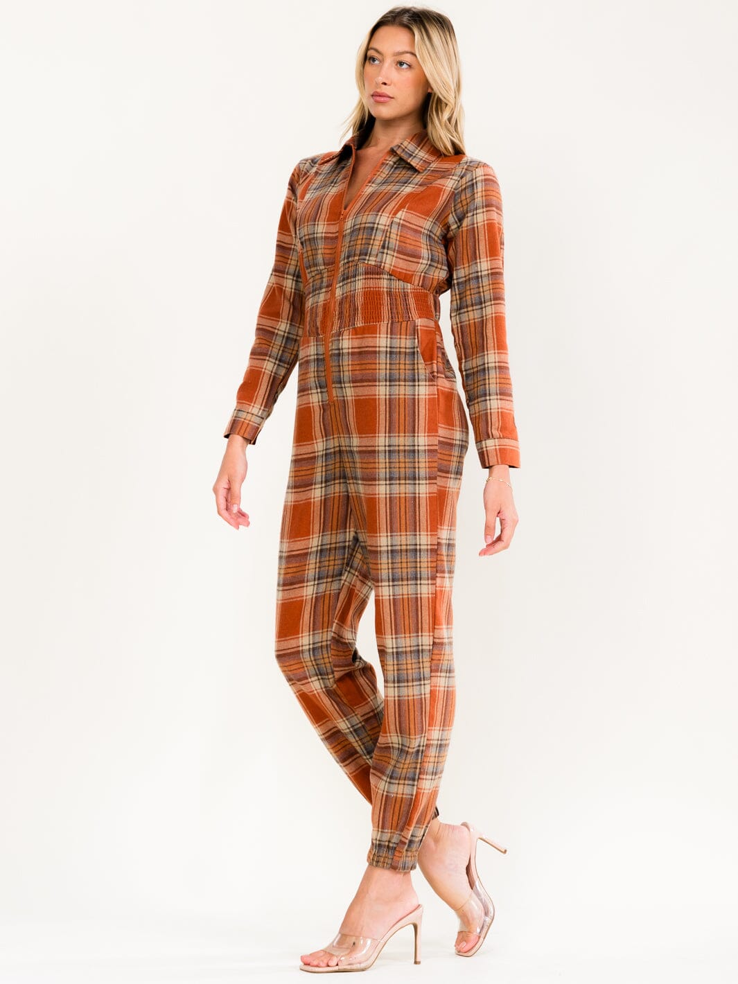 WOMEN'S LONG SLEEVE ZIP UP POCKETS ELASTIC WAIST SKINNY LEG PLAID JUMPSUIT