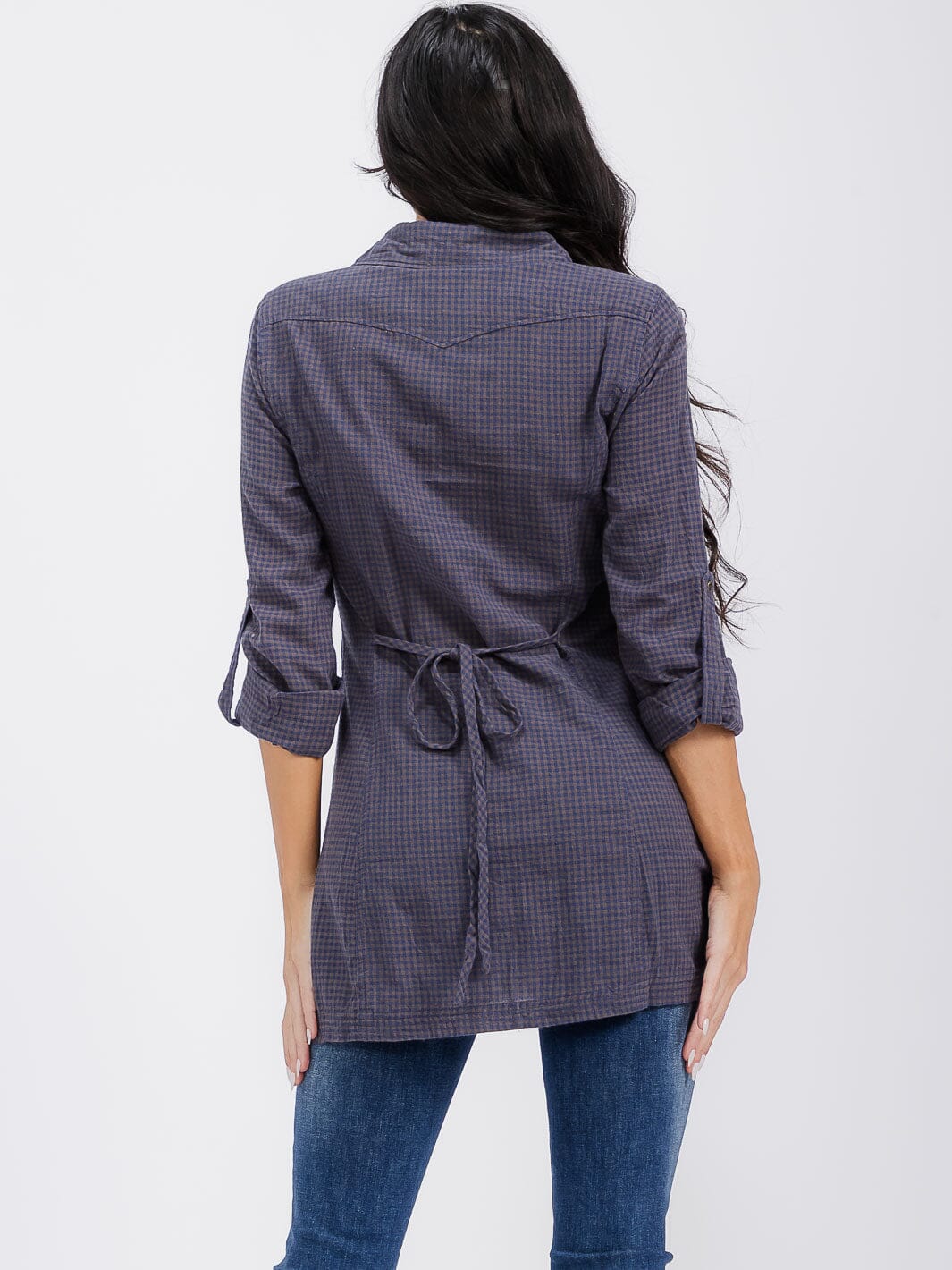 WOMEN'S LONG SLEEVE BUTTON UP FRONT POCKET PLAID TOP