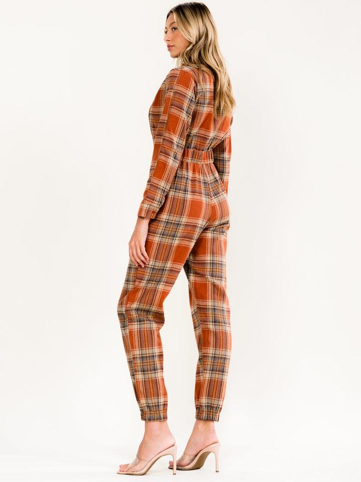 WOMEN'S LONG SLEEVE ZIP UP POCKETS ELASTIC WAIST SKINNY LEG PLAID JUMPSUIT