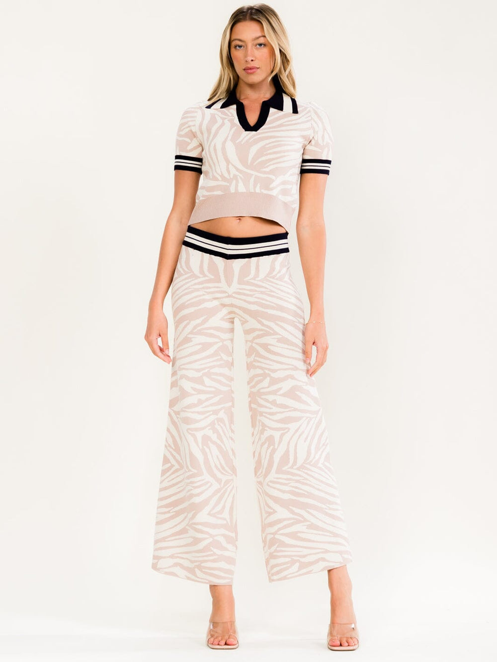 WOMEN'S SHORT SLEEVE BLOUSE & ELASTIC WAIST WIDE LEG PANTS PRINT 2PC. SET