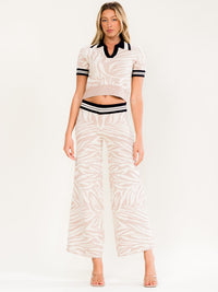WOMEN'S SHORT SLEEVE BLOUSE & ELASTIC WAIST WIDE LEG PANTS PRINT 2PC. SET