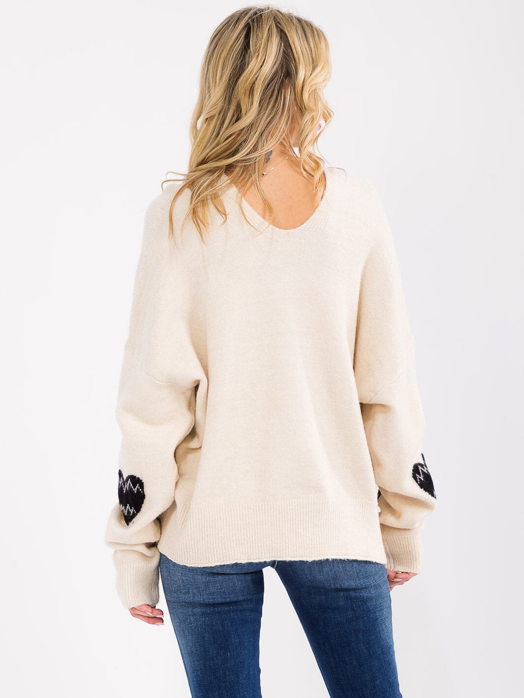 WOMEN'S LONG SLEEVE V-NECK HEART PRINT KNIT PULLOVER SWEATER