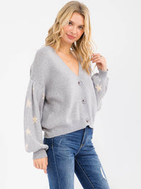 WOMEN'S LONG PUFF SLEEVE BUTTON UP STARS PRINT SWEATER