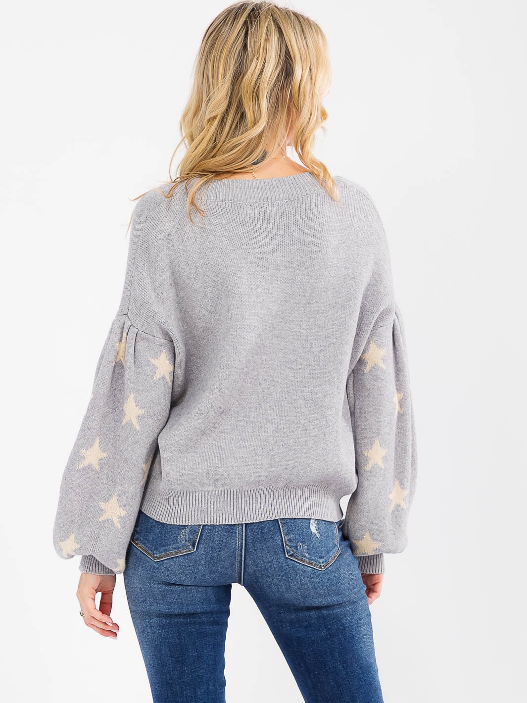 WOMEN'S LONG PUFF SLEEVE BUTTON UP STARS PRINT SWEATER