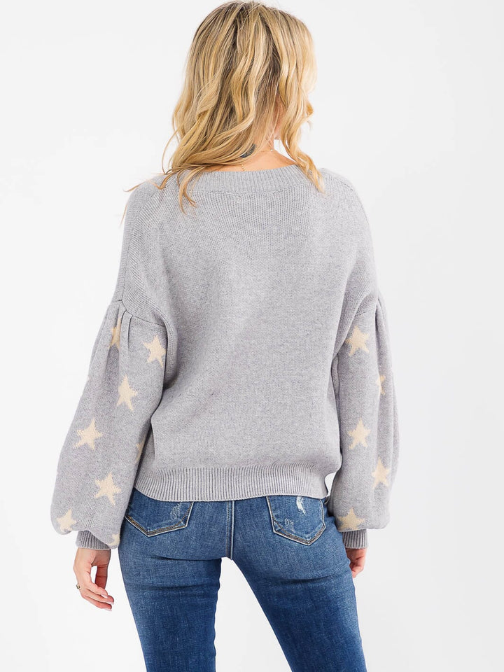 WOMEN'S LONG PUFF SLEEVE BUTTON UP STARS PRINT SWEATER