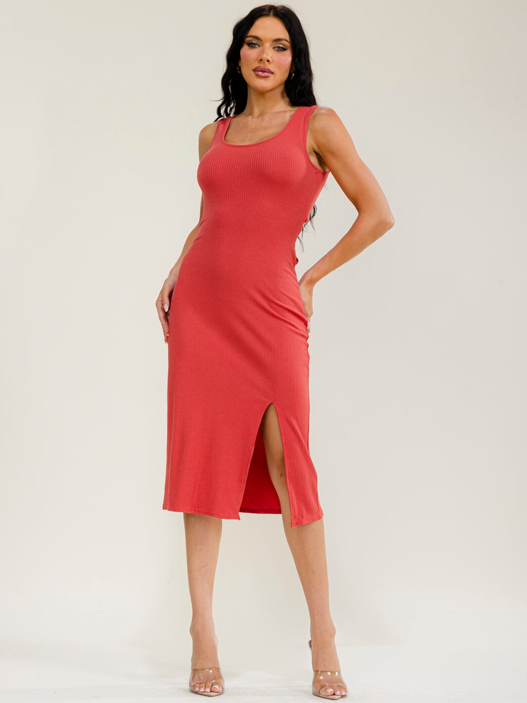 WOMEN'S SLEEVELESS FRONT SLIT OPEN BACK RIBBED MIDI DRESS