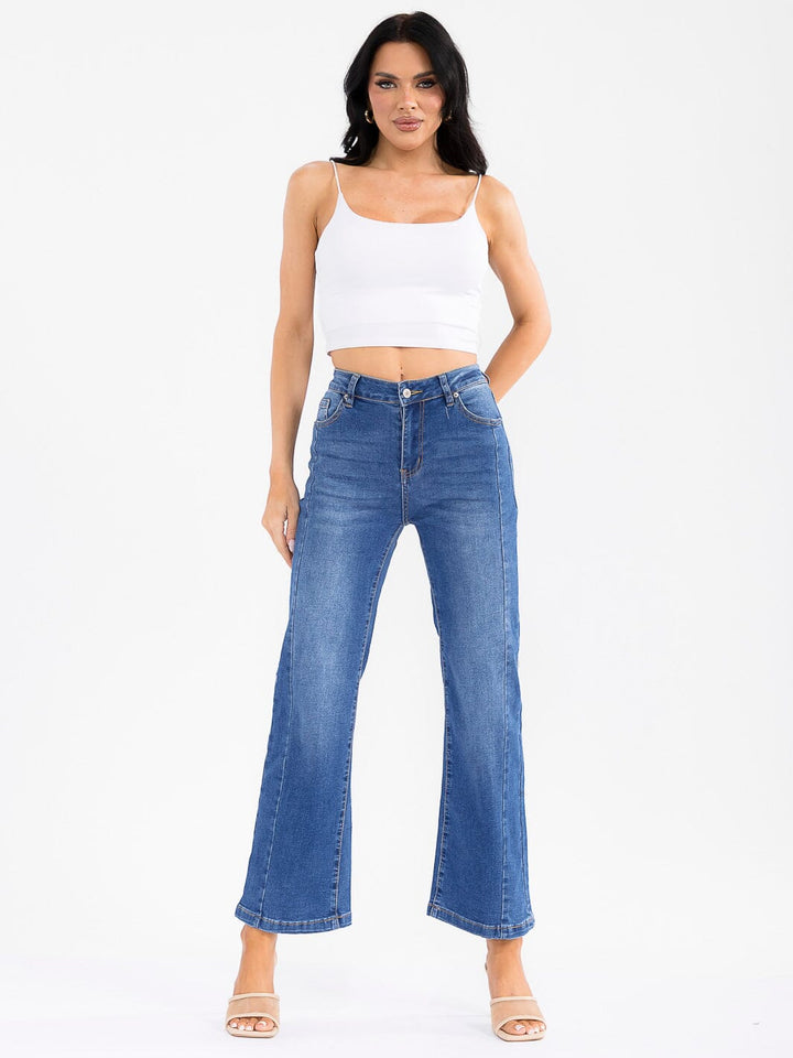 WOMEN'S BUTTON CLOSURE POCKETS STRETCH DENIM WASHED PANTS