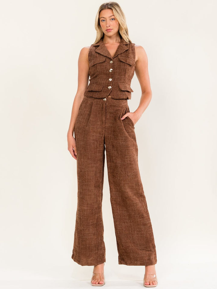 WOMEN'S SLEEVELESS BLOUSE & BUTTON CLOSURE WIDE LEG PANTS TWEED 2PC. SET