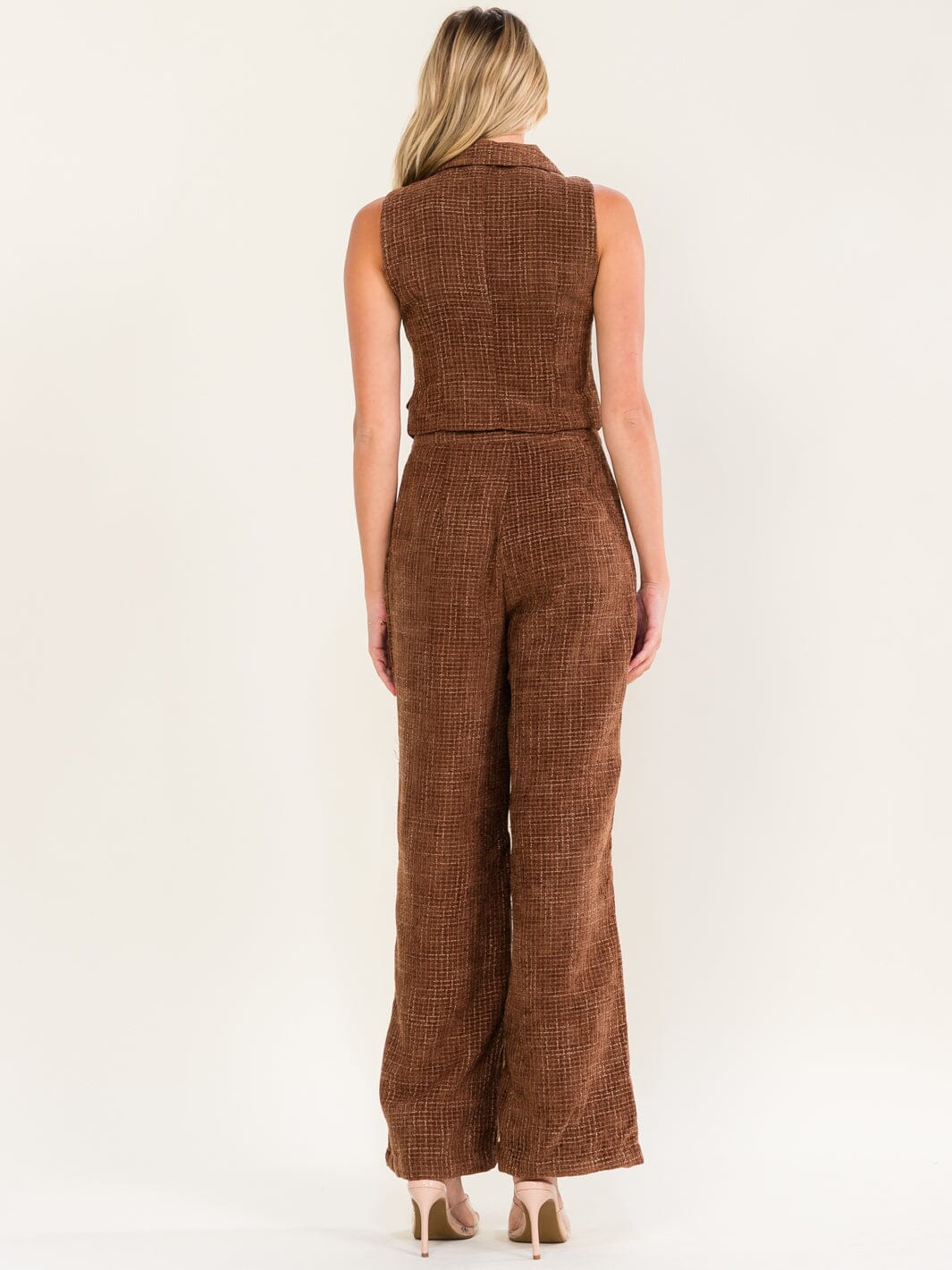 WOMEN'S SLEEVELESS BLOUSE & BUTTON CLOSURE WIDE LEG PANTS TWEED 2PC. SET