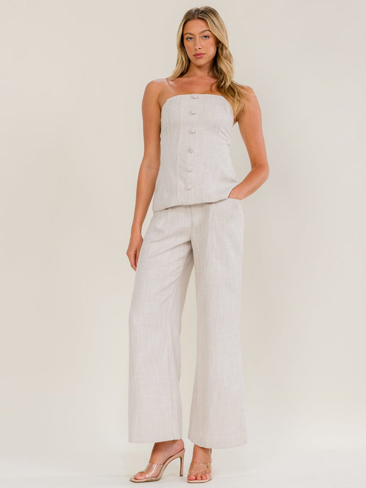 WOMEN'S BUTTON CLOSURE FRONT POCKETS TWEED WIDE LEG PANTS