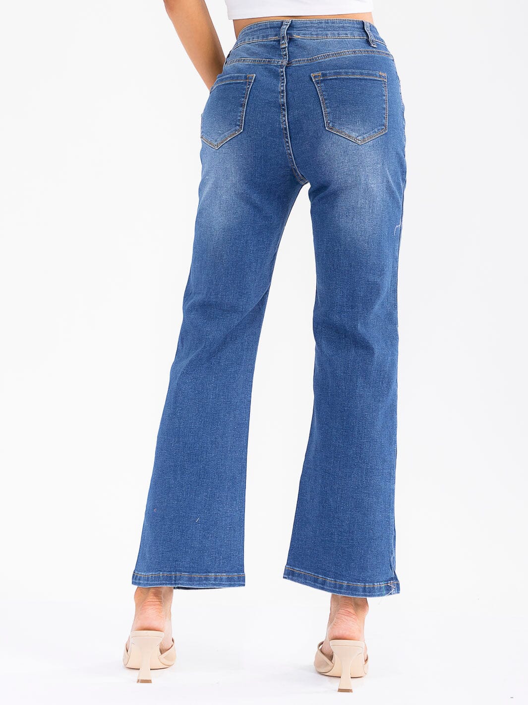 WOMEN'S BUTTON CLOSURE POCKETS STRETCH DENIM WASHED PANTS