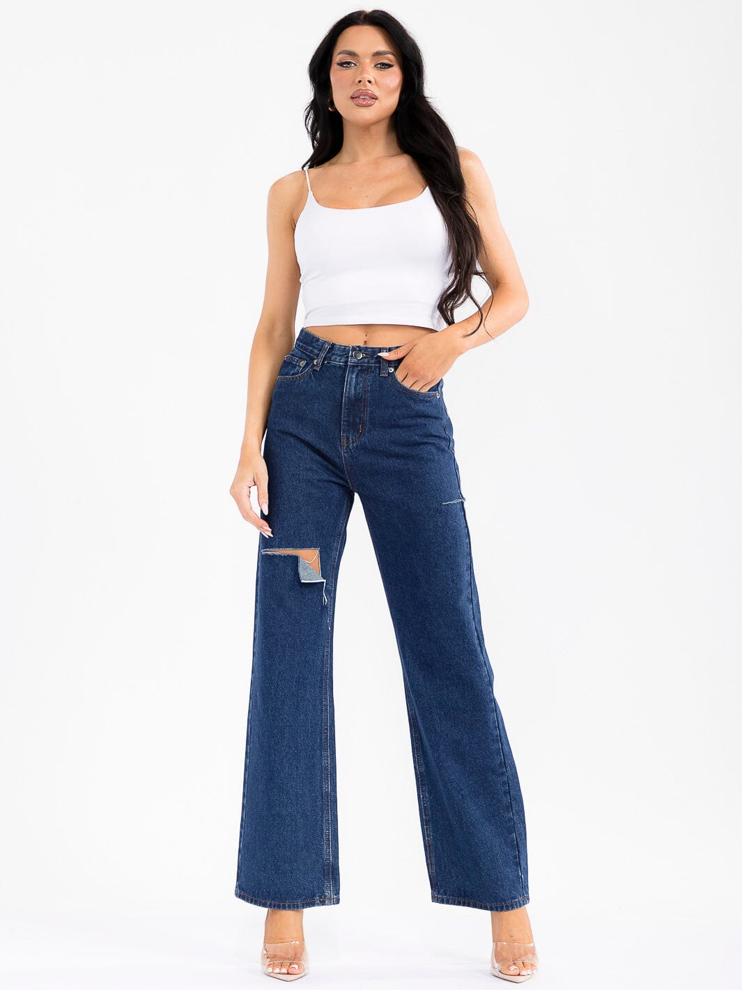 WOMEN'S BUTTON CLOSURE POCKETS STRETCH DENIM DISTRESS PANTS