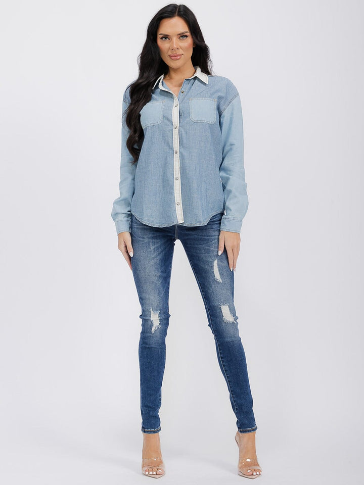 WOMEN'S LONG SLEEVE BUTTON UP COLORBLOCK CHAMBRAY TOP