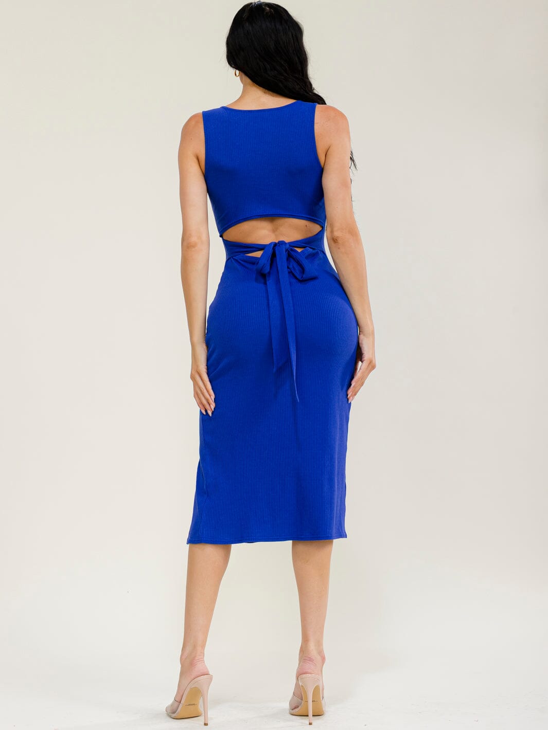 WOMEN'S SLEEVELESS FRONT SLIT OPEN BACK RIBBED MIDI DRESS