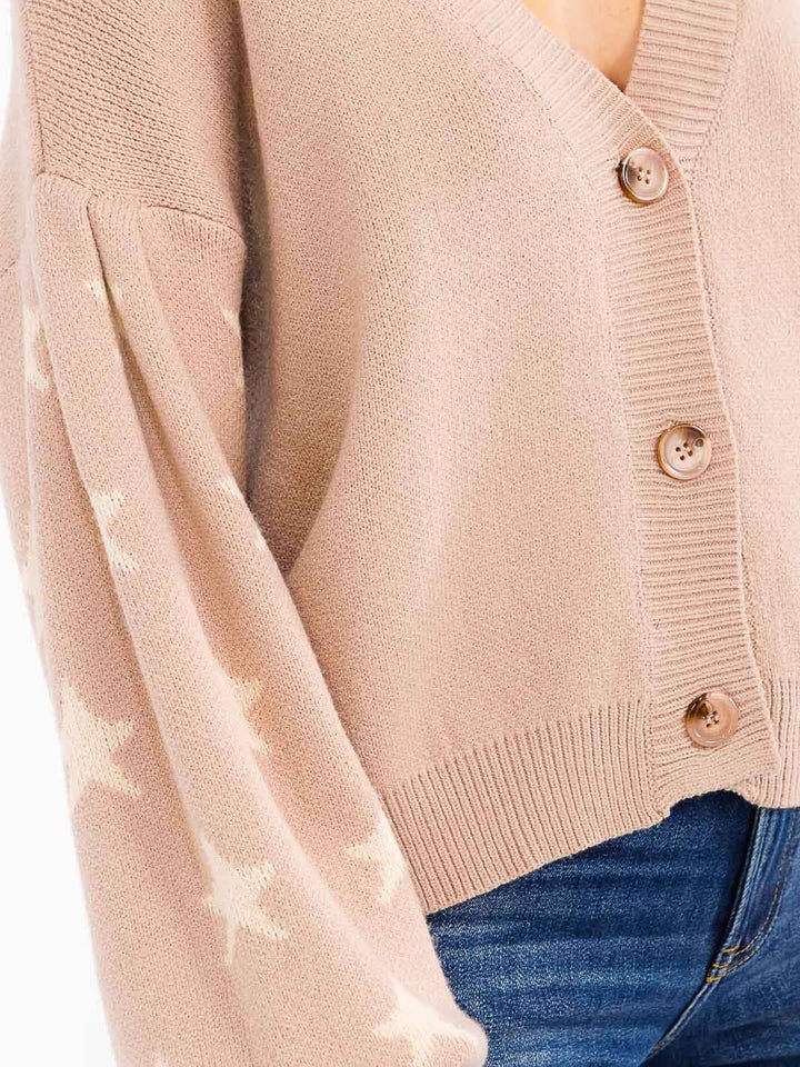 WOMEN'S LONG PUFF SLEEVE BUTTON UP STARS PRINT SWEATER