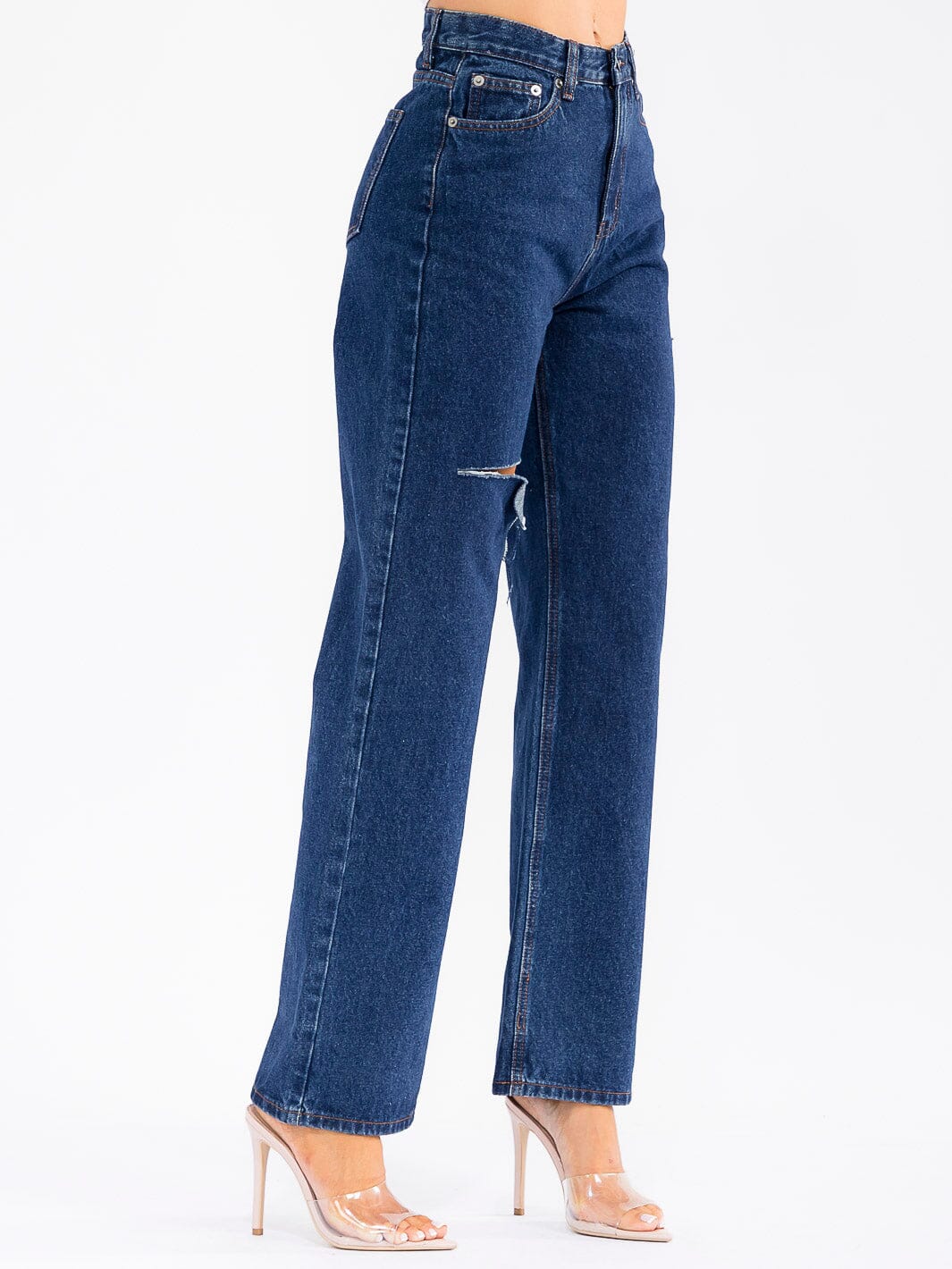 WOMEN'S BUTTON CLOSURE POCKETS STRETCH DENIM DISTRESS PANTS