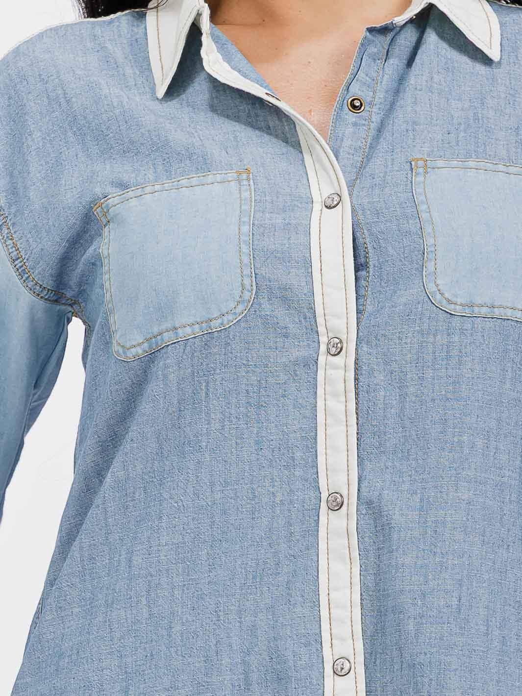 WOMEN'S LONG SLEEVE BUTTON UP COLORBLOCK CHAMBRAY TOP