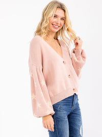 WOMEN'S LONG PUFF SLEEVE BUTTON UP STARS PRINT SWEATER