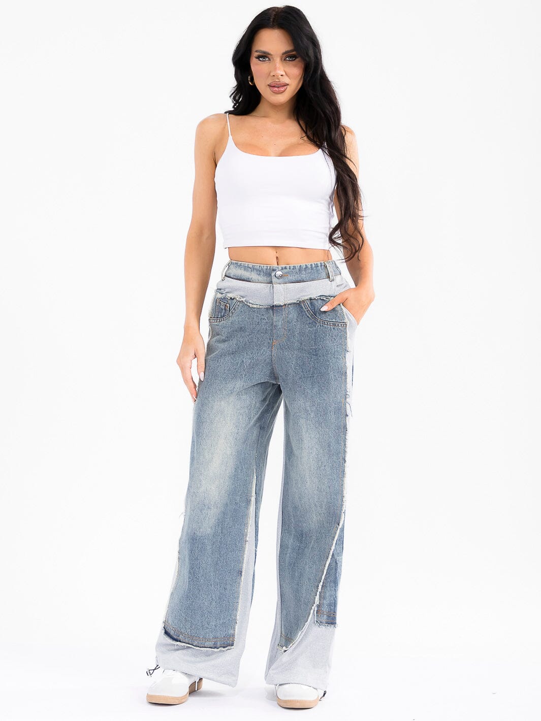 WOMEN'S BUTTON CLOSURE POCKETS DENIM CONTRAST WIDE LEG PANTS