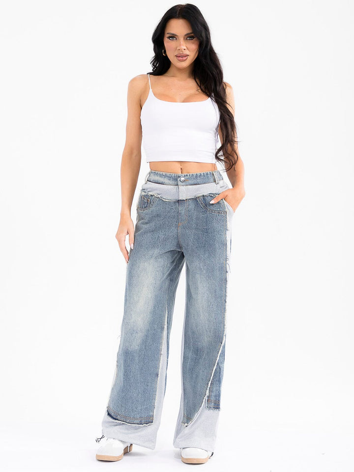 WOMEN'S BUTTON CLOSURE POCKETS DENIM CONTRAST WIDE LEG PANTS