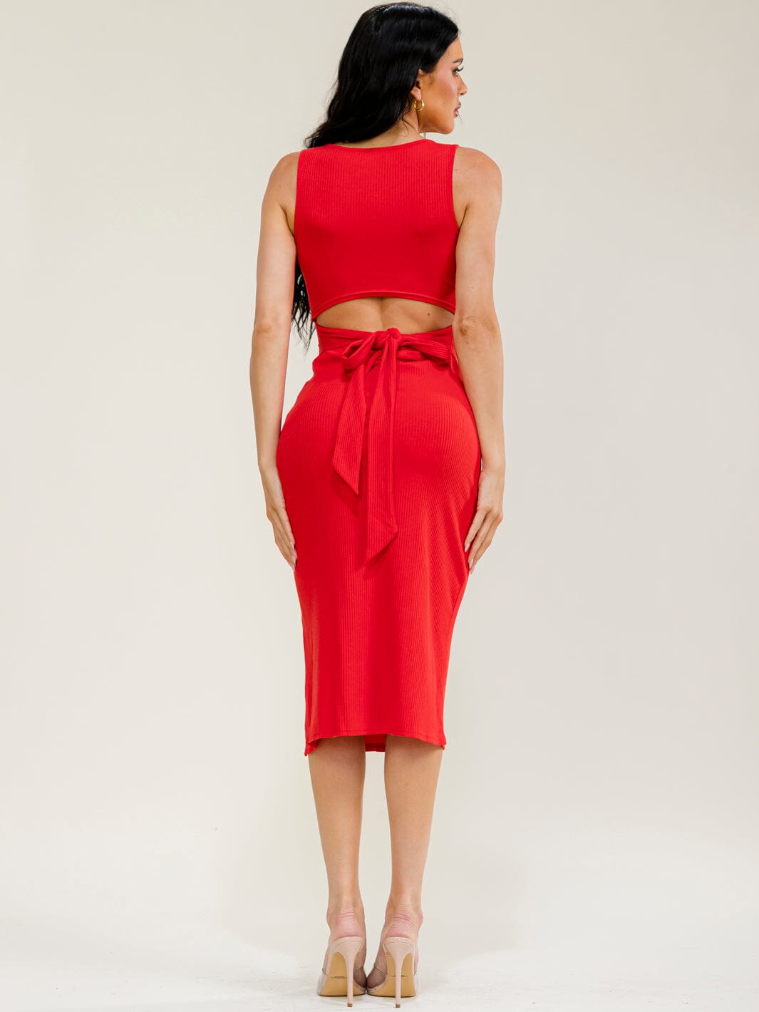 WOMEN'S SLEEVELESS FRONT SLIT OPEN BACK RIBBED MIDI DRESS