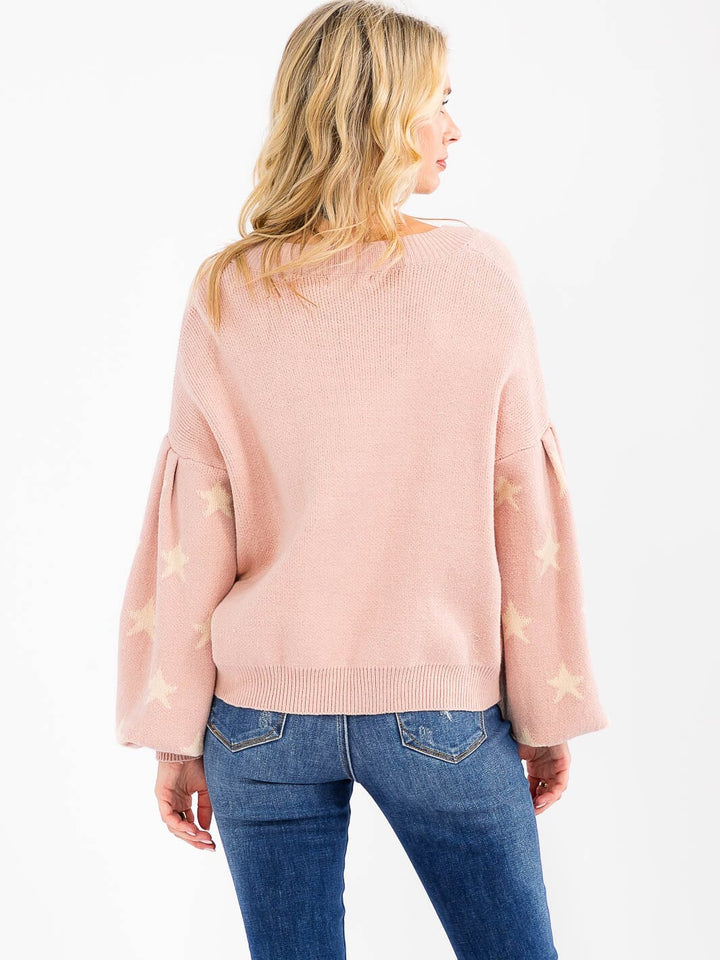 WOMEN'S LONG PUFF SLEEVE BUTTON UP STARS PRINT SWEATER