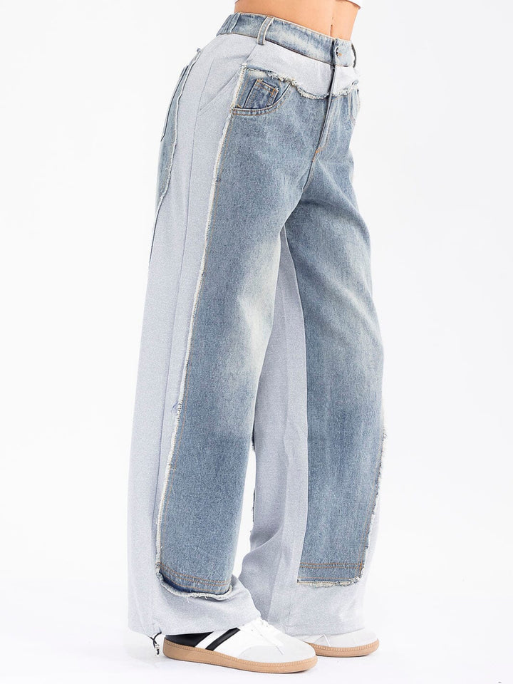 WOMEN'S BUTTON CLOSURE POCKETS DENIM CONTRAST WIDE LEG PANTS