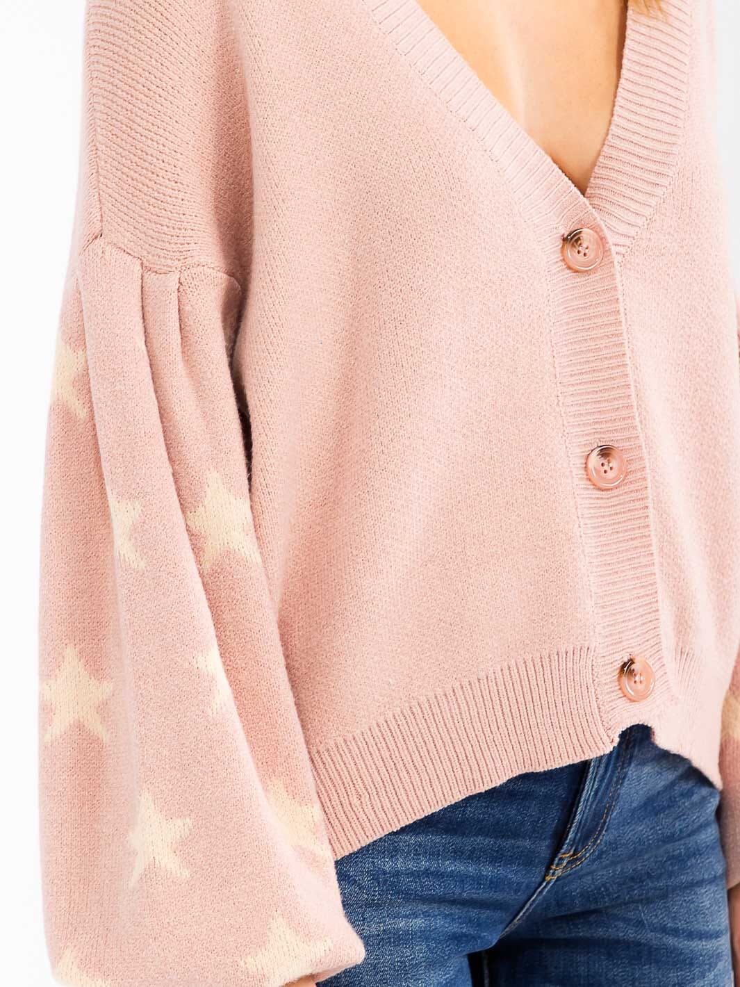 WOMEN'S LONG PUFF SLEEVE BUTTON UP STARS PRINT SWEATER