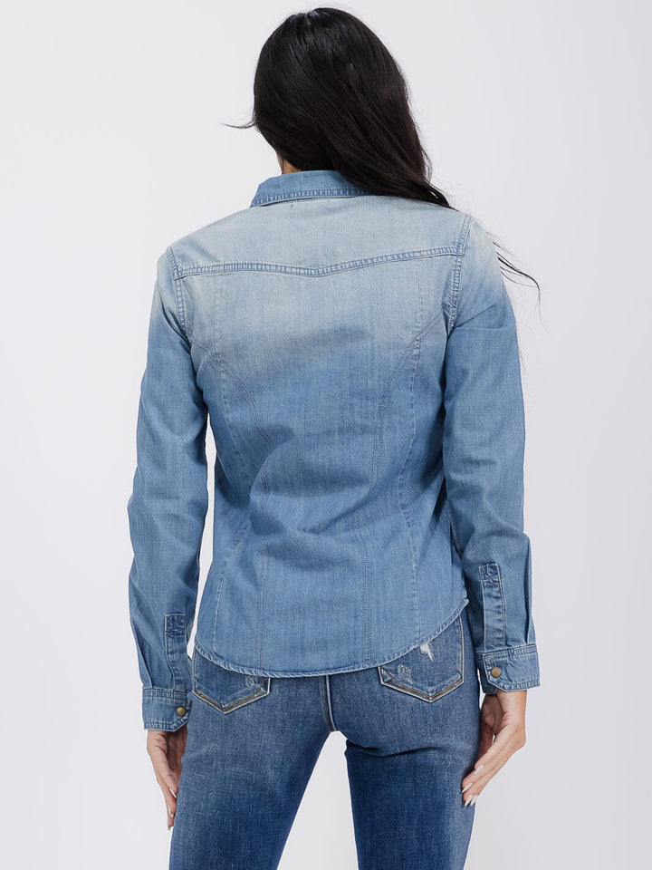 WOMEN'S LONG SLEEVE BUTTON UP WASHED DENIM TOP