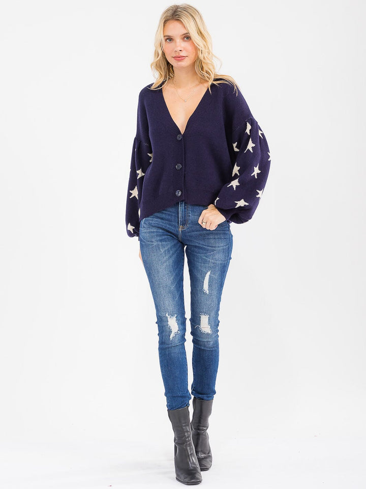 WOMEN'S LONG PUFF SLEEVE BUTTON UP STARS PRINT SWEATER