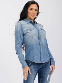 WOMEN'S LONG SLEEVE BUTTON UP WASHED DENIM TOP
