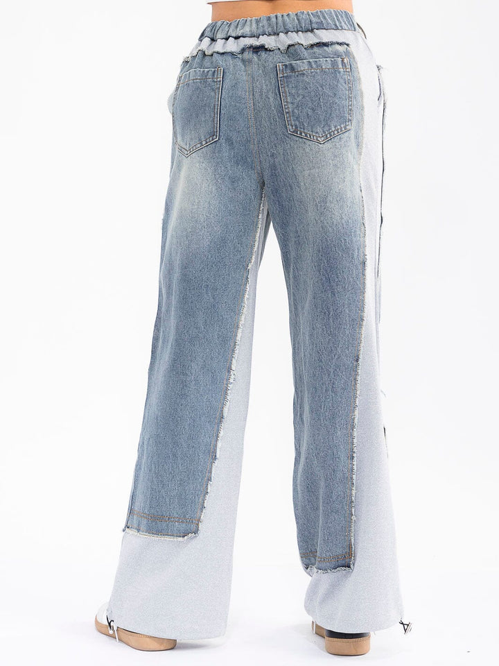 WOMEN'S BUTTON CLOSURE POCKETS DENIM CONTRAST WIDE LEG PANTS