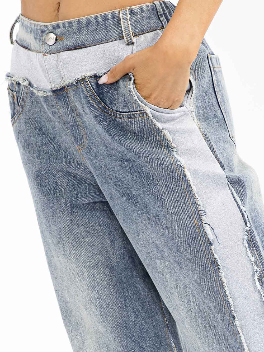 WOMEN'S BUTTON CLOSURE POCKETS DENIM CONTRAST WIDE LEG PANTS