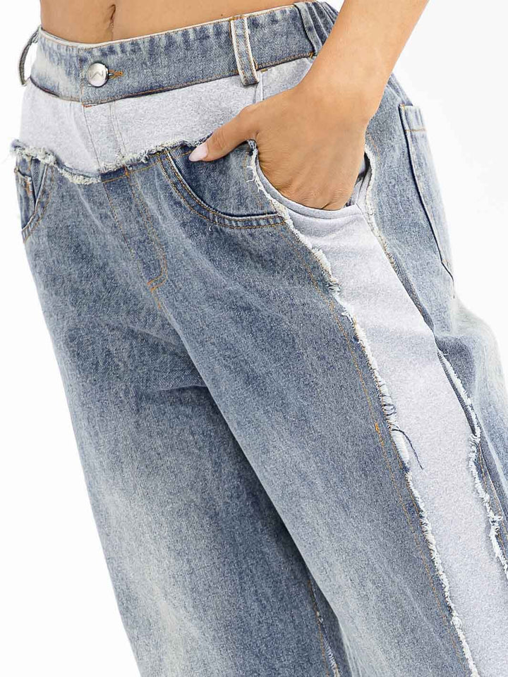 WOMEN'S BUTTON CLOSURE POCKETS DENIM CONTRAST WIDE LEG PANTS