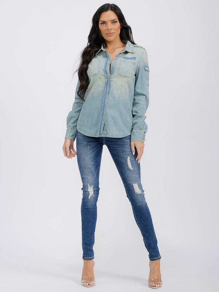 WOMEN'S LONG SLEEVE BUTTON UP FRONT POCKET WASHED DENIM TOP