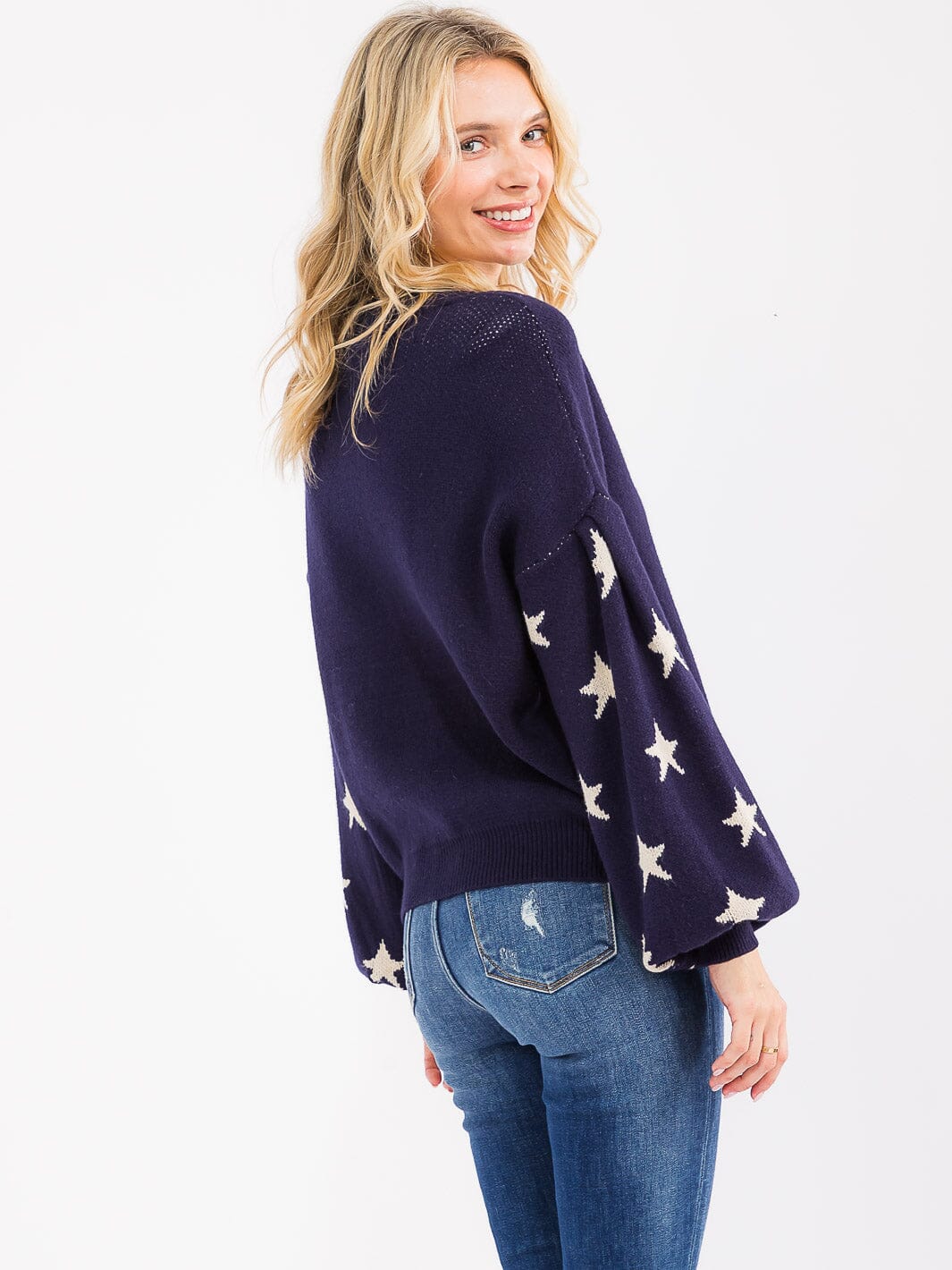 WOMEN'S LONG PUFF SLEEVE BUTTON UP STARS PRINT SWEATER