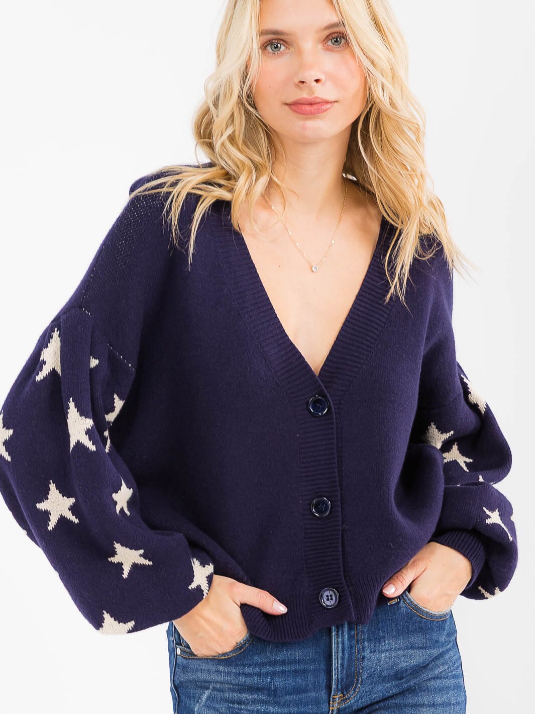 WOMEN'S LONG PUFF SLEEVE BUTTON UP STARS PRINT SWEATER