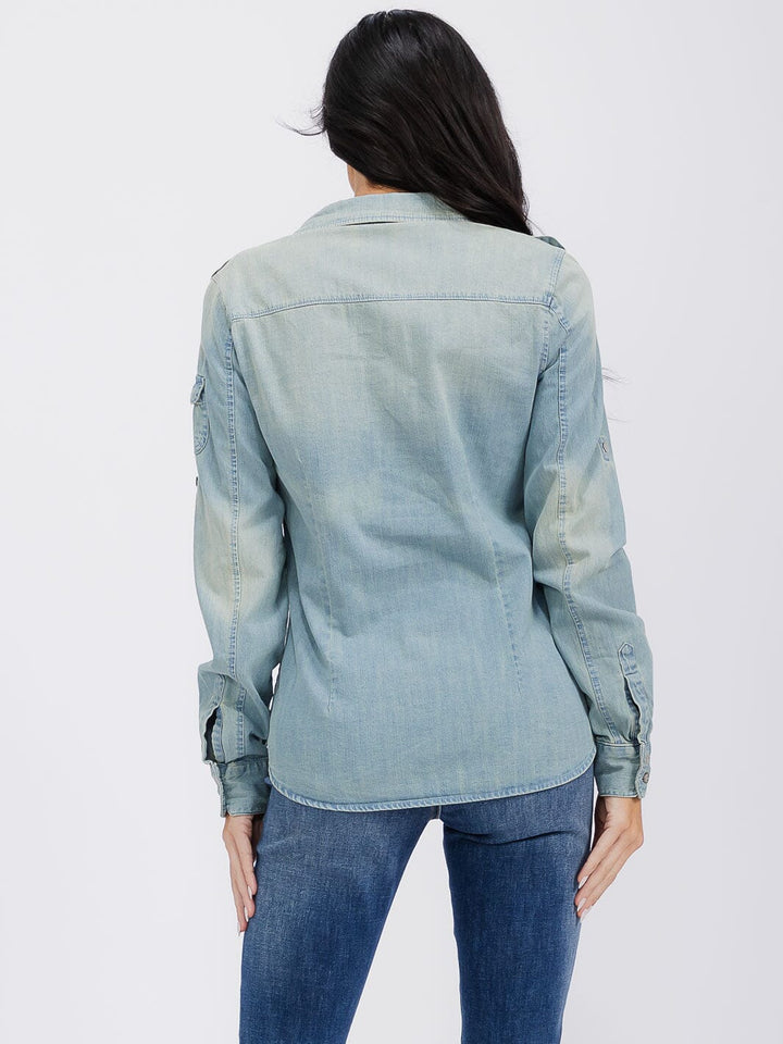 WOMEN'S LONG SLEEVE BUTTON UP FRONT POCKET WASHED DENIM TOP