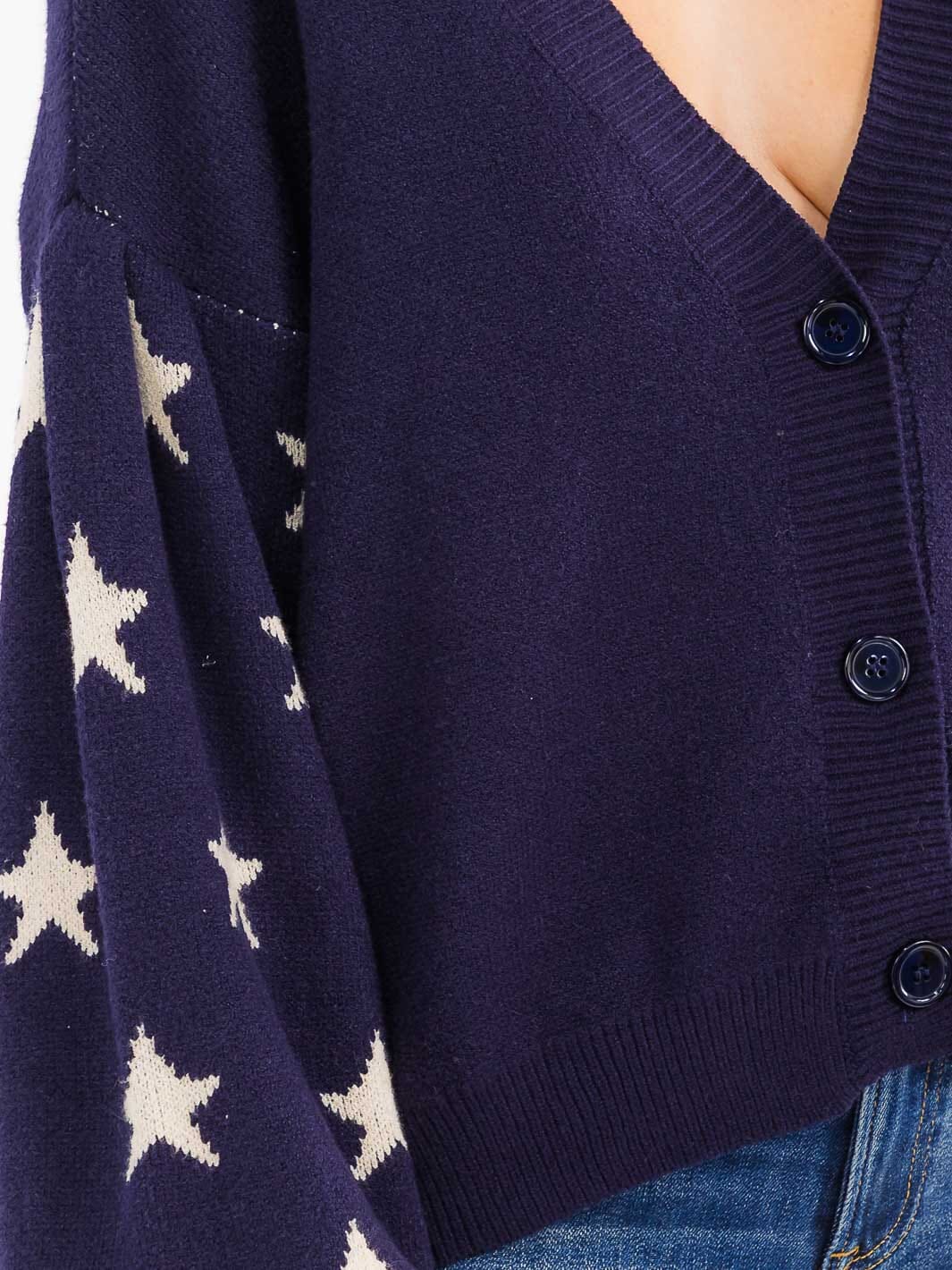 WOMEN'S LONG PUFF SLEEVE BUTTON UP STARS PRINT SWEATER