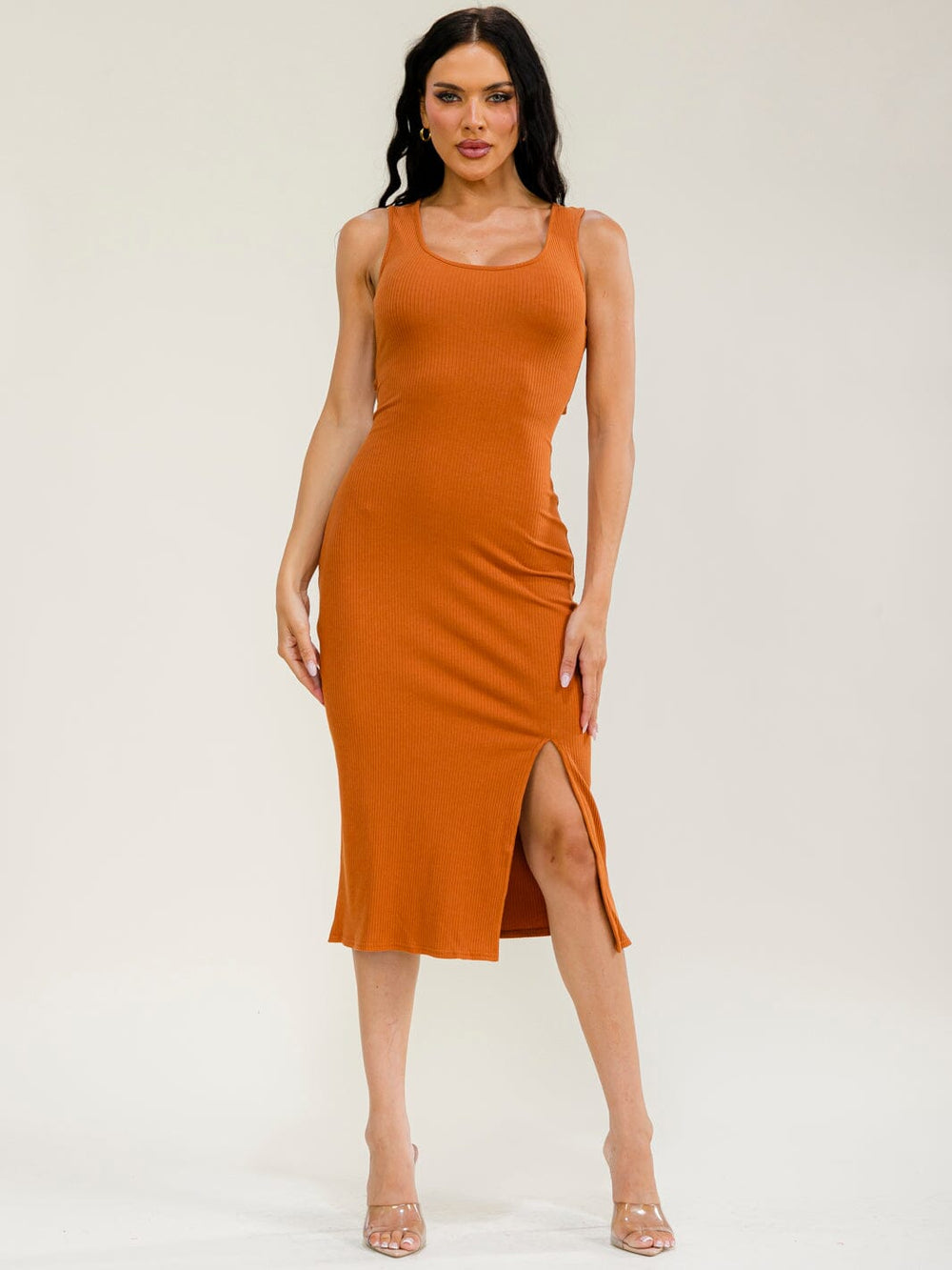 WOMEN'S SLEEVELESS FRONT SLIT OPEN BACK RIBBED MIDI DRESS