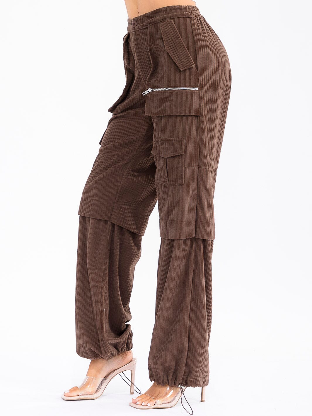 WOMEN'S BUTTON CLOSURE CARGO POCKETS ADJUSTABLE LEG CORDUROY PANTS