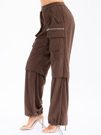 WOMEN'S BUTTON CLOSURE CARGO POCKETS ADJUSTABLE LEG CORDUROY PANTS