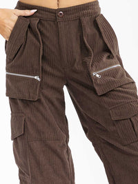 WOMEN'S BUTTON CLOSURE CARGO POCKETS ADJUSTABLE LEG CORDUROY PANTS