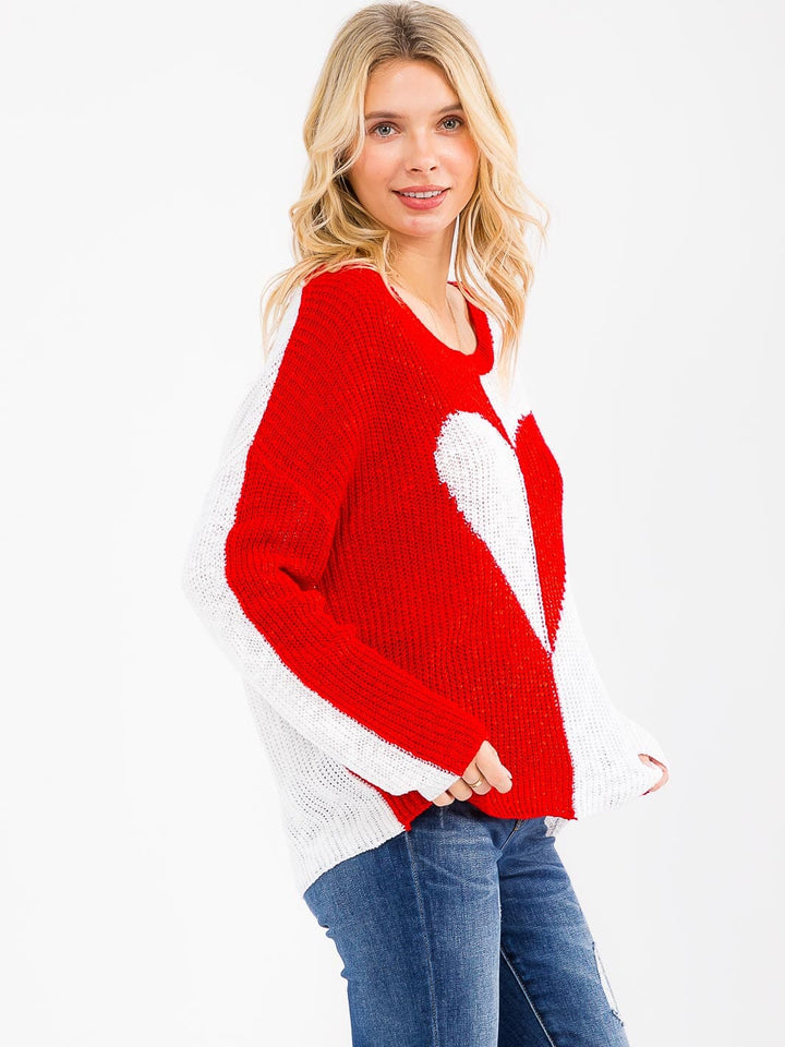 WOMEN'S LONG SLEEVE COLORBLOCK HEART PRINT KNIT PULLOVER SWEATER